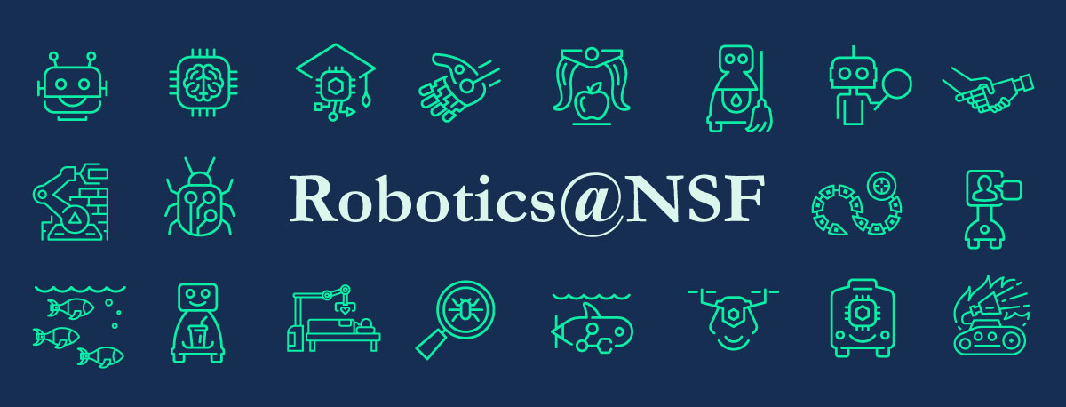 Robot themed icons with words Robotics@NSF