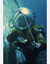 Conducting underwater test inside WASP, a one-person, one-atmosphere submersible system