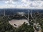 The 900-ton instrument platform at Arecibo Observatory's 305-meter telescope hanging 405 feet above the telescope's dish.