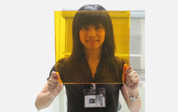 Photo of team member Vivian Sieh holding up the photorefractive polymer.