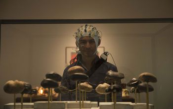 person with EEG cap looking at art