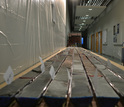 Table with sediment cores sectioned for further study