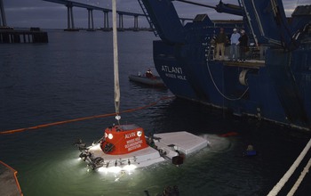 Researchers testing Alvin off the R/V Atlantis at night