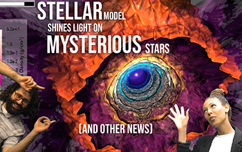 abstract graphic with text Stellar Model Shines Light on Mysterious Stars (and other news)