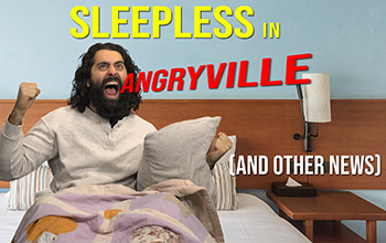 man upset laying in bed with text saying Sleepless in Angryville