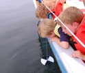 Children looking at a Secchi disk being lowered into the water to measure transparency