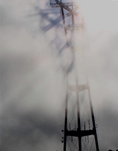 The fog shadow of a communication antenna in San Francisco called Sutro Tower.