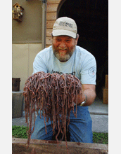 Worm grunter Gary Revell admires the results of a day of worm grunting.