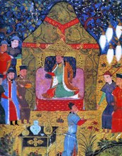 Illustration showing Genghis Khan on the throne surrounded by people