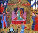 Illustration showing Genghis Khan on the throne surrounded by people