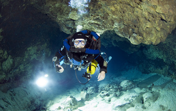 Diving with Megalodon closed circuit rebreather in the Atlantida Tunnel, Lanzarote, Canary Islands