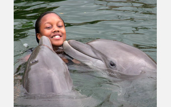 Girl with dolphin in scene from 'SciGirls' episode 'Dolphin Dive'