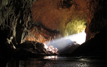 Sunlight streams into the entrance of Deer Cave in Gunung Mulu National Park, Borneo