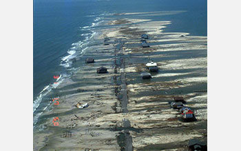 An aerial photo of Dauphin Island in Alabama following Hurricane Katrina in 2005