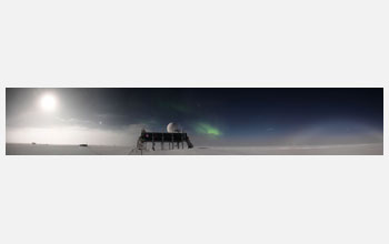 Summit Station with near-full harvest moon, planet Jupiter, <em>aurora borealis</em>, fogbow