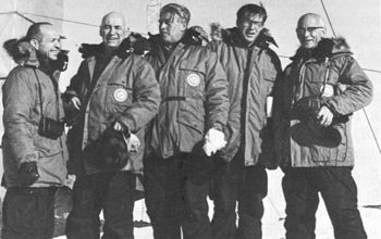 Phil Smith on a visit to Antarctica with rocketry pioneer Wernher von Braun.