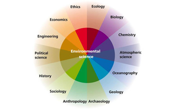 Environmental science graphic with terms including ethics, ecology, biology, chemistry and others.