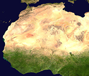 Satellite image of the Sahara Desert and grasslands to the south.