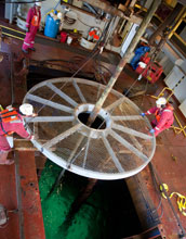Photo of the opening in the ship's floor that allows access to seafloor sediments.