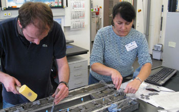Photo of scientist Mimi Katz looking at core samples.