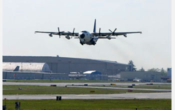 Photo of an NSF/NCAR C-130 research aircraft taking off for a flight to sample aerosols.