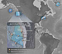 Illustration showing location of seafloor observatories in Atlantic and Pacific oceans.