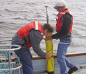 Photo of scientists testing an Apex float with a nitrate sensor in Monterey Bay, Calif.