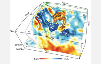 EarthScope image of the 3-D seismic velocity structure in the mantle beneath western North America.