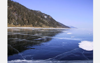 Photo of winter ice on Lake Baikal, less frequent due to global warming.