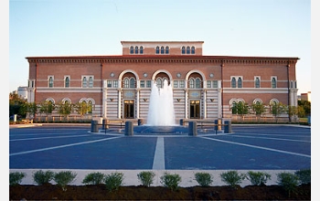 The fountain in front of Baker is a special feature on Jamail plaza at Rice University.