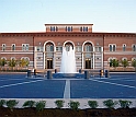 The fountain in front of Baker is a special feature on Jamail plaza at Rice University.