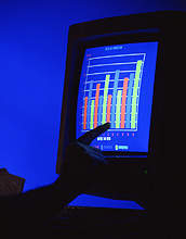 Pictoral representation of data (a graph) represented on a lighted computer screen.