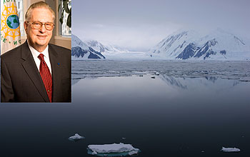 Photos of Arden Bement, NSF's director, and glaciers.