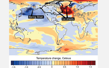Map showing altered currents that once produced ocean warming (right, dark red) melting ice sheets.