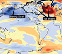 Map showing altered currents that once produced ocean warming (right, dark red) melting ice sheets.