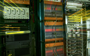 Photo of the rear of a computer network server.