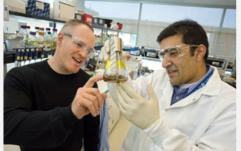 Photo of JBEI Director Jay Keasling with Rajit Sapar in lab with a beaker of cellulose sludge.