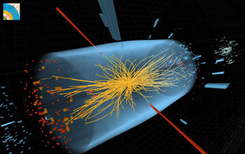 Illustration of two gamma rays, yellow lines, and red towers measured in eletromagnetic calorimeter.