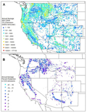 Maps showing reduction of carbon emissions for western states due to prescribed burnings.
