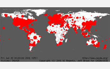 World map showing the spread of the Code Red worm in 2001