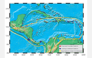 Map showing COCONet stations in the Caribbean region.