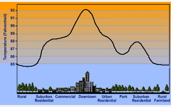 Graph showing temperature versus a cross-section of a city showing lower temperatures at borders.