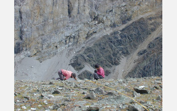 Photo of Bill Morris and Alex Rose measuring plants in an alpine cirque.