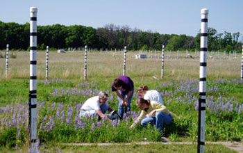 Photo of ecologist Susan Barrott with student research crew.