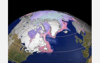 Satellite image showing snow cover over North America and Europe in March, 2003.