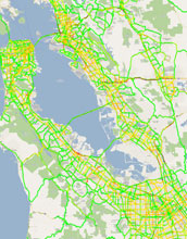 Map showing traffic as reported by Berkeley's Mobile Millennium visualization system