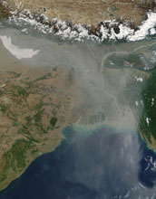 the skies over India filled with aerosol particles streaming the over Bay of Bengal.