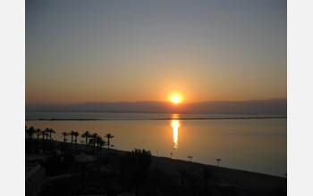 Sunset over the Dead Sea, as observed from Ein Bokek at the southern Dead Sea.