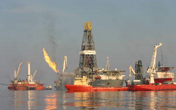 Photo of vessels and platforms responding to the Deepwater Horizon spill in 2010.