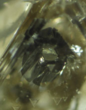 a hexagonal grain of iron sulfide below a diamond's surface surrounded by a black rim.